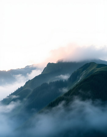 Foggy mountain landscape in Carpathian mountains, Ukraine.の写真素材