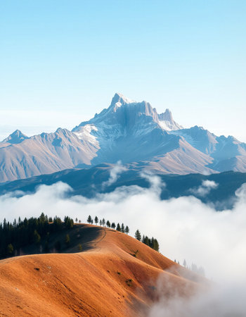 Mountain landscape with clouds and blue sky.