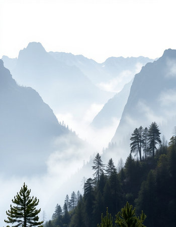 Mountain landscape with fog and coniferous forest in the foreground