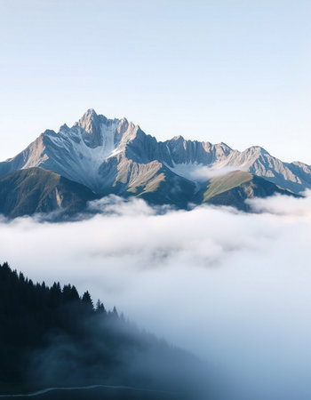 Mountain landscape with snow and fog.の写真素材
