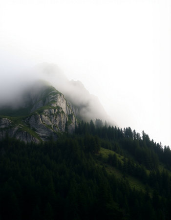 Mountain landscape with coniferous forest and fog in the valleyの写真素材
