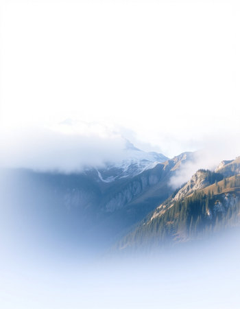 Mountains in the clouds. Snowy mountains in the clouds.