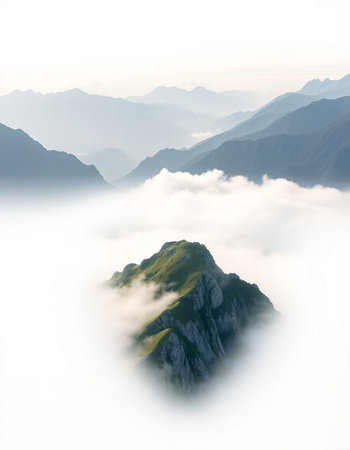 Mountain landscape with clouds and fog.