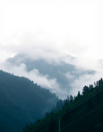 Mountain landscape with fog in Carpathian mountains, Ukraine.