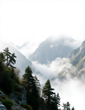 Beautiful mountain landscape with fog and pine trees in the foreground.
