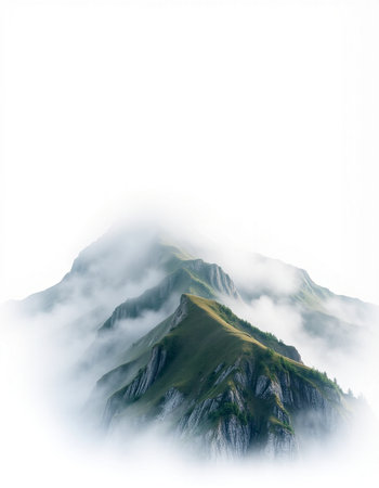 mountain peak in the clouds on a white background with space for textの写真素材