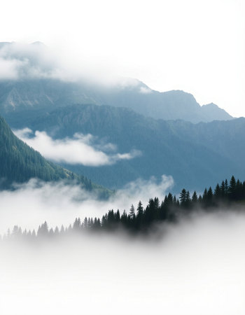 Foggy mountain landscape with coniferous forest in the foreground
