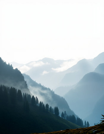 mountain landscape with fog in the morning, beautiful photo digital pictureの写真素材