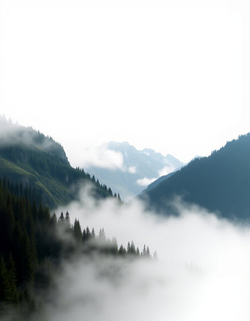 Foggy morning in a mountain valley in the Carpathians