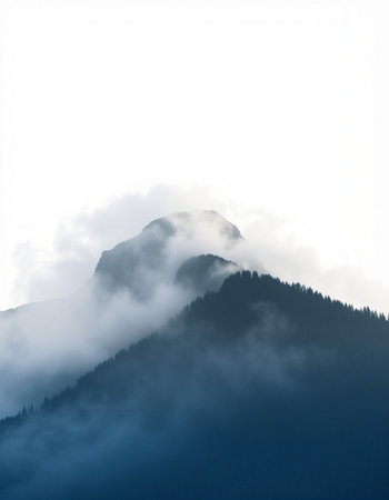 Silhouette of a mountain peak in the clouds on a foggy day