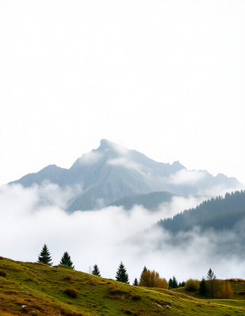 Beautiful alpine landscape in the mountains on a foggy dayの写真素材