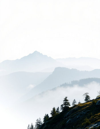 Beautiful mountain landscape with foggy forest on top of the mountainの写真素材
