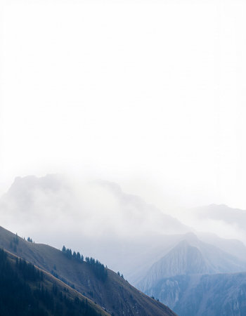 Mountain landscape with fog in the morning. Caucasus, Georgia.の写真素材