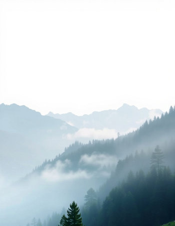 Foggy mountain landscape with pine trees in the foreground, Austriaの写真素材