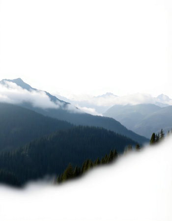 Mountains in the clouds. Mountain landscape with coniferous forest.