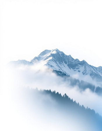 Mountain landscape with snow covered peaks and coniferous forest.