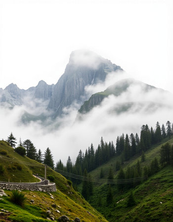 mountain landscape in the italian alps with clouds and fog