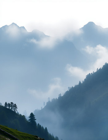 Mountain landscape with fog and clouds. Caucasus, Dombay.