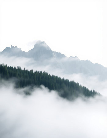 Foggy mountain landscape with coniferous forest in the foreground