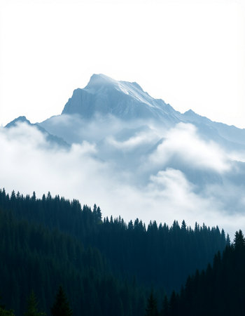 Mountain landscape with fog in the foreground and coniferous forest in the background