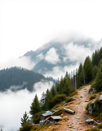 mountain trail in the fog in the italian alps.の写真素材