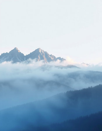 Mountain landscape with fog in the morning. Dolomites, Italy.の写真素材