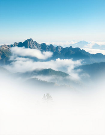 Mountains in the fog. Landscape of mountains in the fog