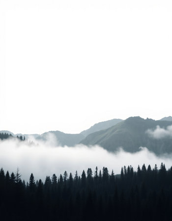 Silhouette of coniferous forest in the mountains with fog