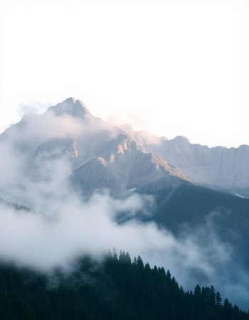 Mountain landscape with fog in the morning. Caucasus Mountains, Georgia.