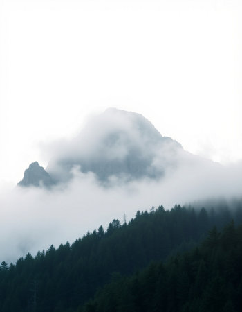 Mountain landscape with fog in the foreground and trees in the background