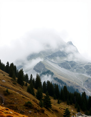 Mountain landscape with fog and cloudy sky. Caucasus Mountains, Georgia.