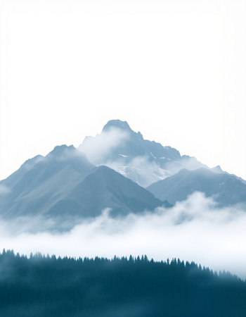 Mountains in the mist, natural landscape background, vintage style.