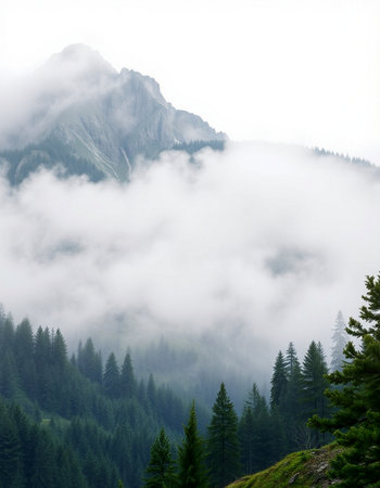 Foggy mountain landscape with coniferous forest in the foreground