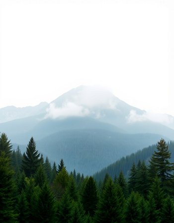 Mountain landscape with coniferous forest on a foggy day