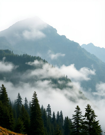 Foggy mountain landscape with coniferous forest and low clouds