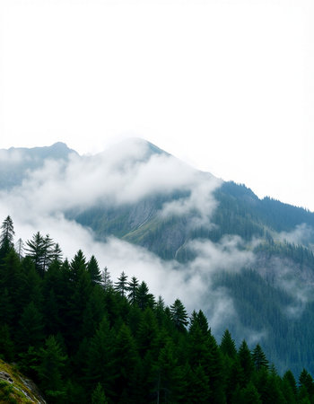 Foggy morning in the mountains with coniferous forest.