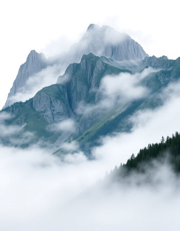 Mountain landscape with clouds and fog.