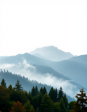 Mountain landscape with fog and coniferous forest in the morning