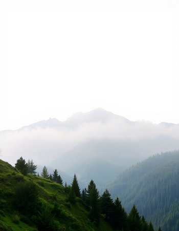 Mountain landscape with coniferous forest and foggy clouds.の写真素材