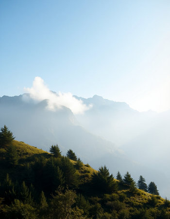 Mountain landscape with coniferous forest in the morning mist.