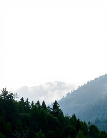 Foggy morning in the mountains with coniferous forest.の写真素材