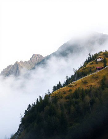 Beautiful mountain landscape with fog in the Alps, Switzerland, Europeの写真素材