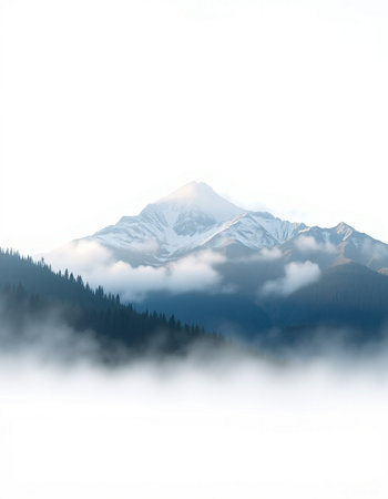 Mountains in the fog with coniferous forest in the foregroundの写真素材
