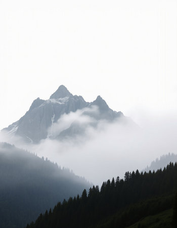 Mountains in the fog in the Dolomites, Italy.