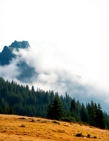 Mountain landscape with fog and clouds on the sky. Carpathian, Ukraineの写真素材