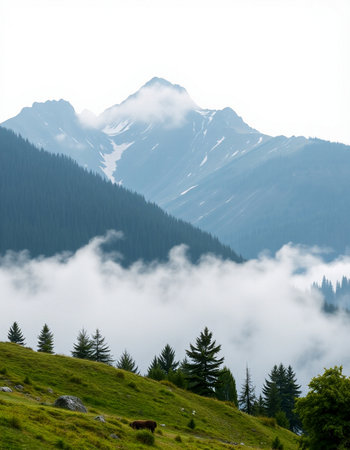 Foggy mountain landscape in the Alps in Bavaria, Germany