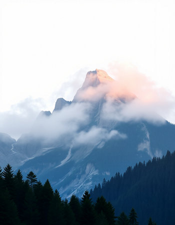 Mountain landscape with snow and coniferous forest at sunrise.の写真素材