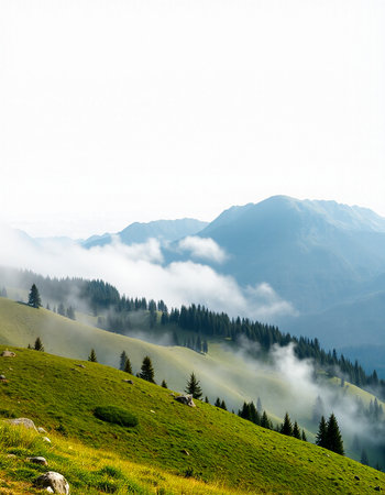 Foggy mountain landscape in the Carpathian mountains, Ukraineの写真素材