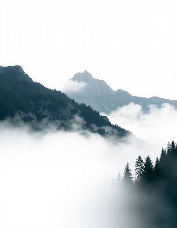 Foggy morning in the mountains with coniferous forest.の写真素材