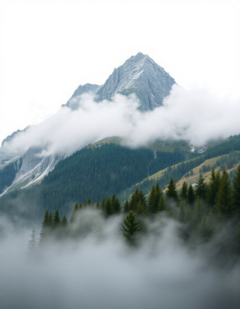 Mountain landscape with coniferous forest in fog.の写真素材